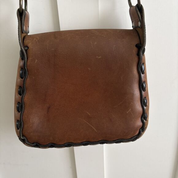VTG Boho Thick Leather Latch Handmade Saddle Bag 70s Crossbody Purse - Picture 7 of 16